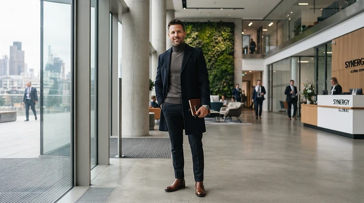 A smart casual look featuring the best fall jacket men paired with chinos for the office.