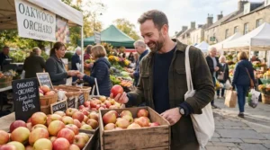 A man browsing outdoor stalls at a weekend farmers market wearing the best fall jacket men.