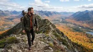 An outdoor enthusiast wearing the best fall jacket men on a weekend nature trail hike.