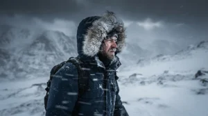 Profile view of a man with the hood up on the best parka men during a snowstorm.