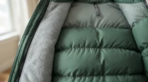 Close-up of the plush down filling on the best parka men showing superior warmth features.