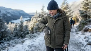 Man using the deep cargo pockets on the best parka men to store gloves.