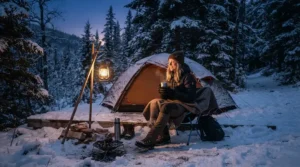 Camper sitting by a tent in the snowy woods wearing the best parka men for extreme cold.