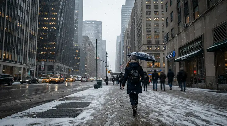 Man walking through a snowy Chicago downtown street wearing the best parka men for cold weather.