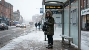 Man wearing the best parka men compared to a standard winter coat while waiting for a bus.
