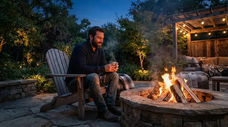 A man relaxing outdoors by a backyard firepit in the evening while wearing a cozy best spring jacket men.