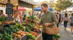 A man browsing fresh produce at an outdoor weekend farmers market wearing the best spring jacket men.