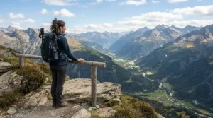 A hiker wearing a breathable best spring jacket men overlooking a scenic mountain valley trail in the Pacific Northwest.