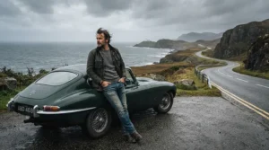 A traveler leaning against a vintage car on a coastal road trip wearing a versatile best spring jacket men.