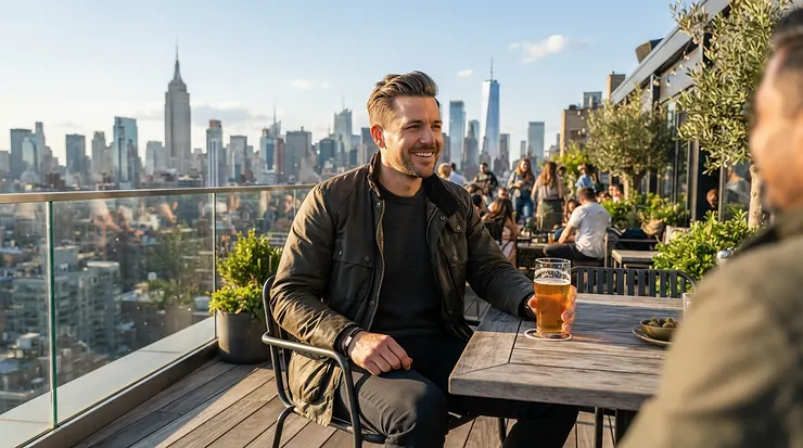 A man wearing the best summer jacket men while relaxing on a sunny downtown Chicago rooftop patio.