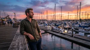 A man looking out at the water from a New England marina wearing the best summer jacket men.