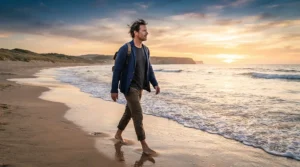 A man wearing the best summer jacket men for a breezy evening walk along the Santa Monica beach.