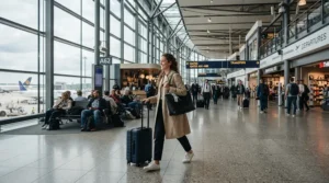 A traveler navigating an airport terminal wearing the best summer jacket men for easy layering.