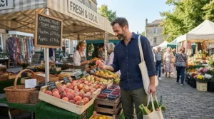 A man shopping for fresh produce on a Saturday morning wearing the best summer jacket men.