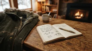 A checklist pad resting beside the best winter jacket men on a rustic cabin table