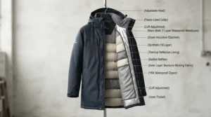 An informational graphic comparing down and synthetic insulation in the best winter jacket men