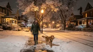 An evening dog walker wearing a reflective best winter jacket men under streetlights