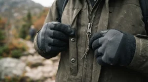 A close-up shot highlighting the zipper and utility pockets on the best winter jacket men