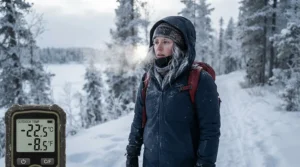 A thermometer icon next to a man wearing the best winter jacket men in subzero weather