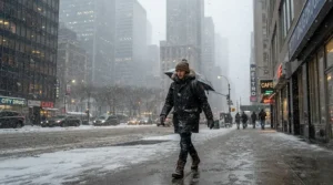 A professional walking through downtown Chicago wearing the best winter jacket men
