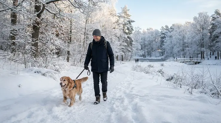 Man walking his dog through a snow-covered neighborhood park wearing the best winter parka men for daily errands.