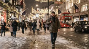 Man enjoying a cold winter evening walk down a festive city street in the best winter parka men.