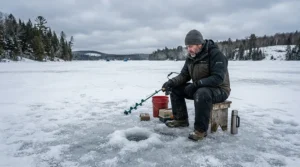 Fisherman sitting by a frozen lake drill hole, relying on the best winter parka men for freezing lake winds.