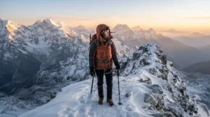 Hiker standing on a snowy mountain overlook, testing the best winter parka men in freezing alpine conditions.