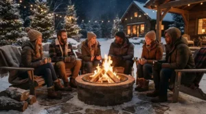Friends gathered around a backyard fire pit in winter, showcasing the best winter parka men for casual outdoor warmth.