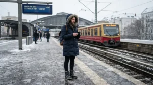 Commuter waiting at a snowy train platform, staying warm in the best winter parka men rated for sub-zero temperatures.