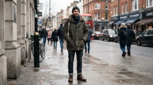 Urban fashion outfit featuring a black fur hood parka men style with jeans and boots for cold weather.