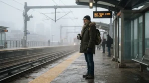 A daily commuter staying warm in a durable fur hood parka men rely on while waiting at the station.