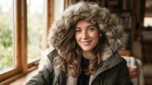Close-up illustration highlighting the textured trim on a fur hood parka men look for in winter outerwear.