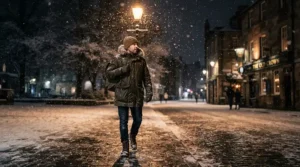 A man walking under glowing streetlights wearing a protective fur hood parka men use in heavy snow.
