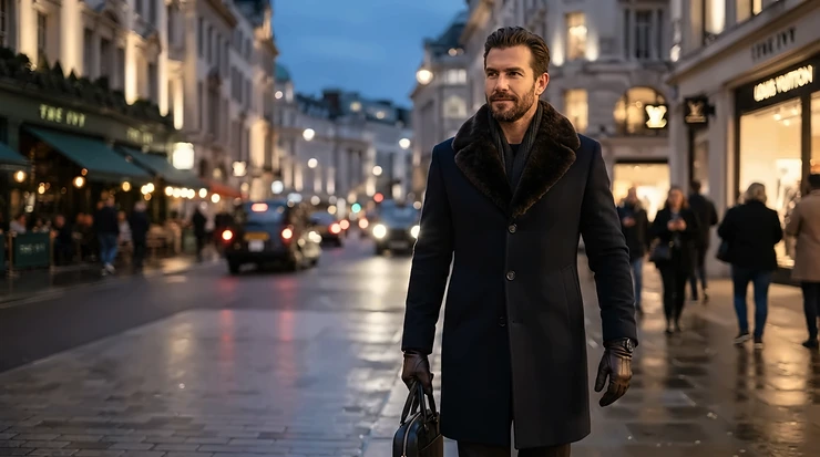 A premium fur hood parka men wear for a sophisticated cold-weather look during evening outings.