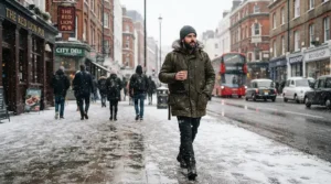 A stylish fur hood parka men wear while walking through a snowy downtown street during a cold winter day.