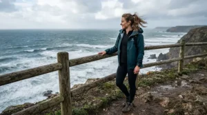 A person enjoying the ocean views on a windy boardwalk in a hooded windbreaker men design with adjustable features.