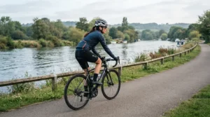 A cyclist riding a bicycle along a riverfront bike trail wearing a fitted hooded windbreaker men option.