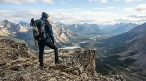 An outdoor enthusiast wearing a mens hooded windbreaker jacket on a scenic mountain hiking overlook.
