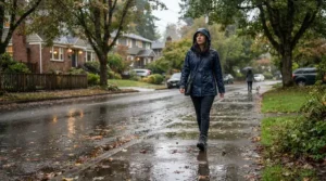 A man testing a hooded windbreaker for rain while walking down a suburban sidewalk during an autumn drizzle.