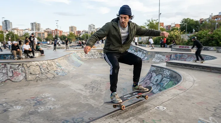 A skater practicing tricks at an outdoor skatepark wearing a lightweight hooded windbreaker men style.