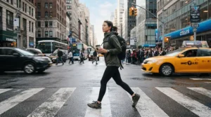 A commuter wearing a hooded windbreaker men style while walking through a downtown city crosswalk during a brisk morning.