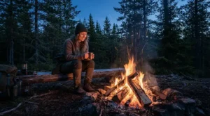 A camper sitting by a campfire at dusk wearing a lightweight windbreaker men layer.