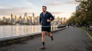 A man wearing a lightweight windbreaker men style while running on a city sidewalk during sunrise.