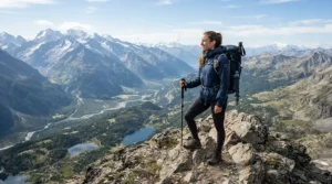 An outdoor enthusiast hiking a rocky ridge wearing a mens lightweight windbreaker jacket.