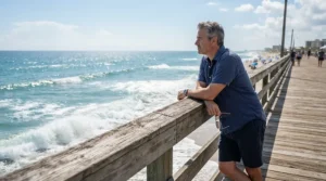 A man relaxing on a coastal beach boardwalk wearing a summer windbreaker.