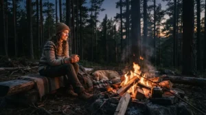 A camper sitting by a campfire in the woods wearing a warm mens windbreaker jacket