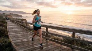 A runner training by the ocean wearing a lightweight breathable mens windbreaker jacket