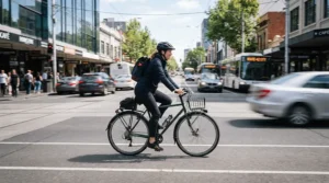 A cyclist riding a bicycle through downtown streets wearing a high-visibility mens windbreaker jacket