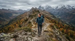 A hiker on a mountain trail wearing a durable mens windbreaker jacket during an autumn day trek